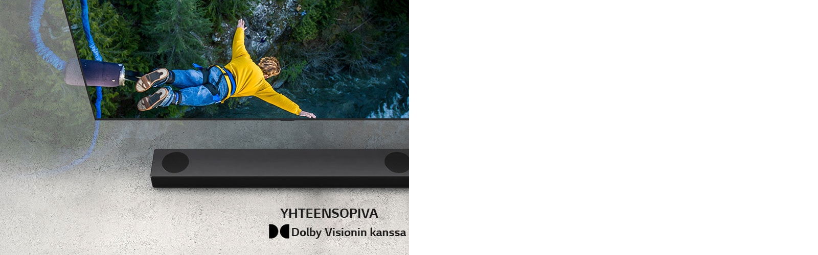 LG:n televisiossa näkyy henkilö hyppäämässä benjihyppyä, ja LG Sound Bar on sijoitettu  television alapuolelle.