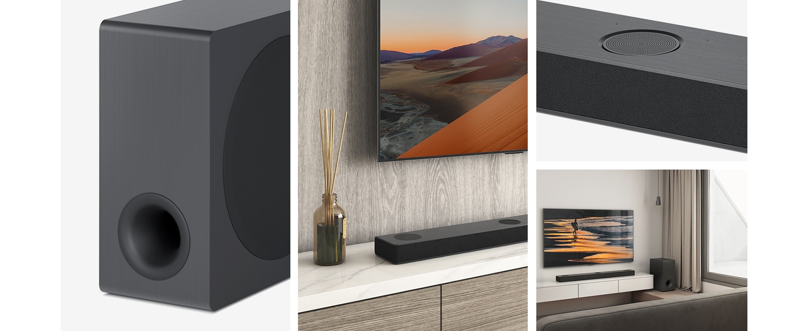 Kollaasi. Vasemmalta alkaen kuva alabassokaiuttimesta, lähikuva LG:n televisiosta, jossa näkyy vuori TV-näytössä ja alapuolella LG Sound Bar. Oikealla myötäpäivään ylhäältä alas: lähikuva keskeltä ylös suuntaavasta kanavasta. LG Sound Bar, alabassokaiutin ja LG:n televisio, jossa näkyy hiekkaranta auringonlaskun aikaan, on sijoitettu olohuoneeseen.