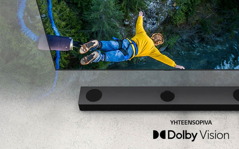 LG:n televisiossa näkyy henkilö hyppäämässä benjihyppyä, ja LG Sound Bar on sijoitettu  television alapuolelle.