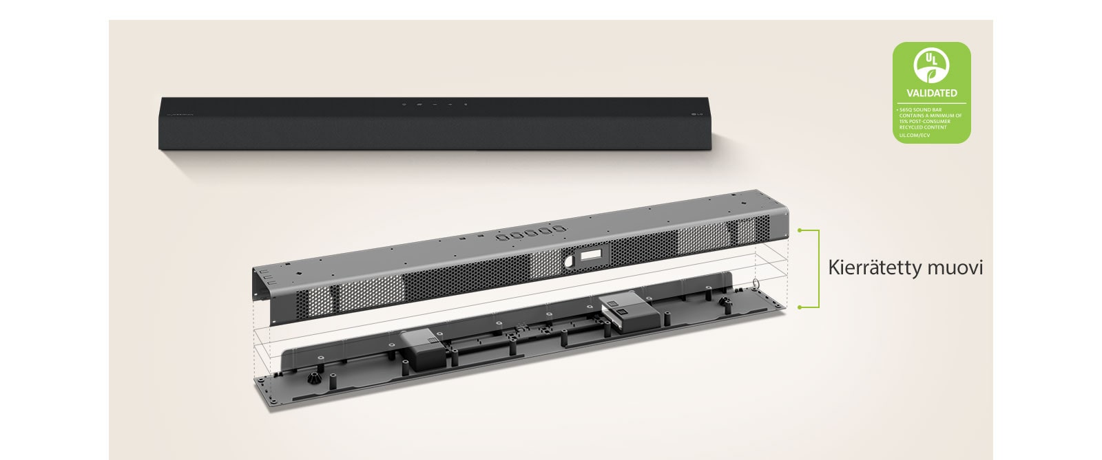 Takana on näkymä Sound Barista edestä ja edessä metallikehyskuva Sound Barista.