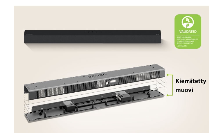 Takana on näkymä Sound Barista edestä ja edessä metallikehyskuva Sound Barista.