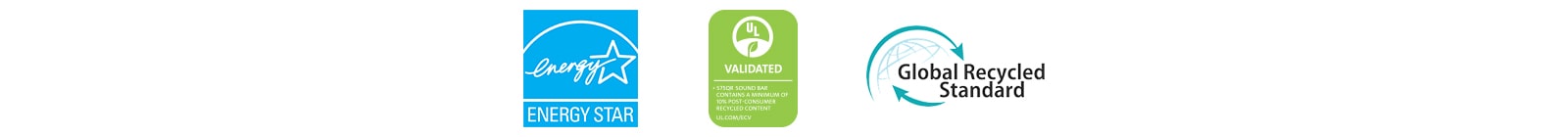 Vasemmalta: ENERGY STAR (logo), UL VALIDATED (logo), Global Recycled Standard (logo), SGS ECO PRODUCT (logo).