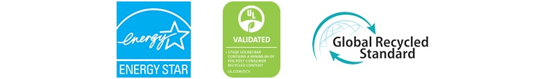 Vasemmalta: ENERGY STAR (logo), UL VALIDATED (logo), Global Recycled Standard (logo), SGS ECO PRODUCT (logo).