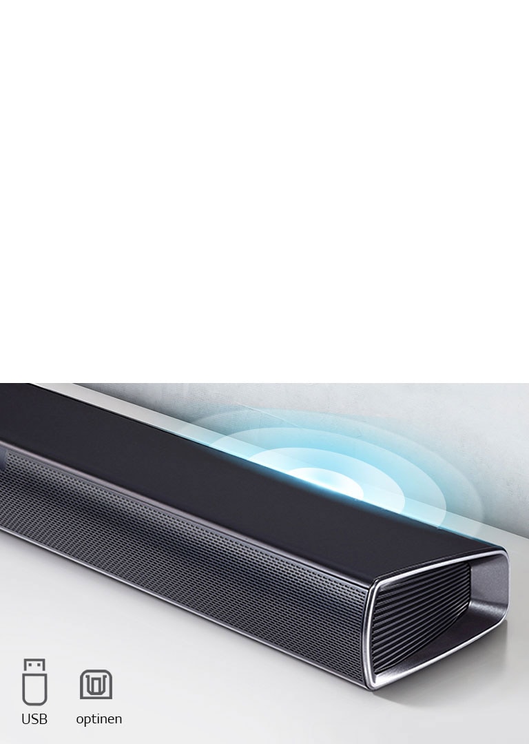 LG Sound Bar on valkoisella hyllyllä. Äänigrafiikka tulee ulos kaiuttimesta. Se näyttää USB:n ja optiset kuvakkeet.