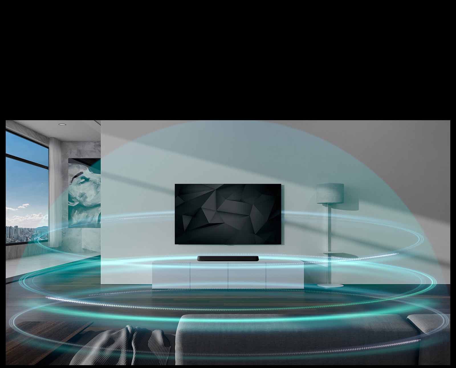 Siniset, kupolin muotoiset, kolmitasoiset ääniaallot peittävät olohuoneen seinälle ripustetun äänipalkin ja television.