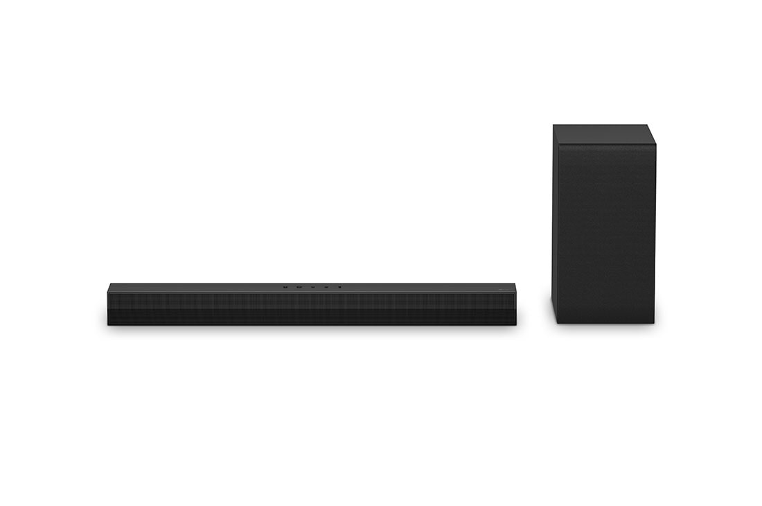 LG Soundbar NS40T, Edestä otettu kuva LG Soundbar NS40T:stä ja subwooferista, NS40T