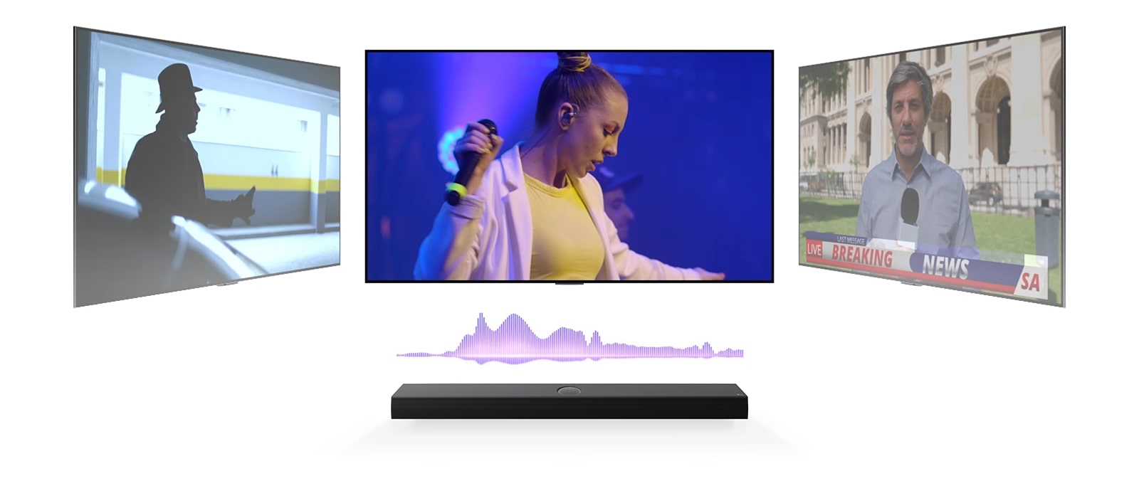 LG Soundbar, jonka yläpuolella on kolme erilaista televisioruutua. Suoraan yläpuolella olevassa on musiikkikonsertti, jossa nainen laulaa. Oikeanpuoleisessa televisiossa on uutistenlukija kertomassa tuoreimmat uutiset koristeellisen rakennuksen ulkopuolella. Vasemmanpuoleisessa televisiossa on pysäytyskuva toimintaelokuvasta, jossa mies on varjossa. Television ja äänipalkin keskellä on violetti ääniaaltoa kuvastava kaavio.