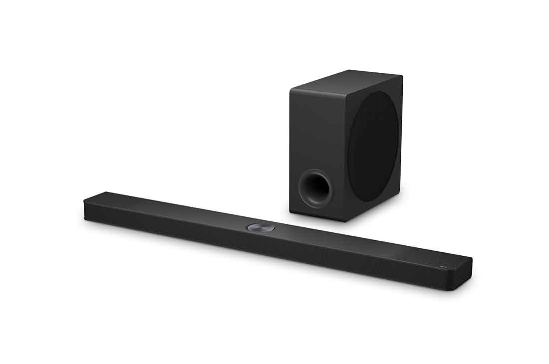 LG Soundbar TV:hen Dolby Atmos 5.1.3 kanavainen S90TY, Vinosta kulmasta otettu kuva LG Soundbar S90TY:stä ja subwooferista, NS90TY, thumbnail 2