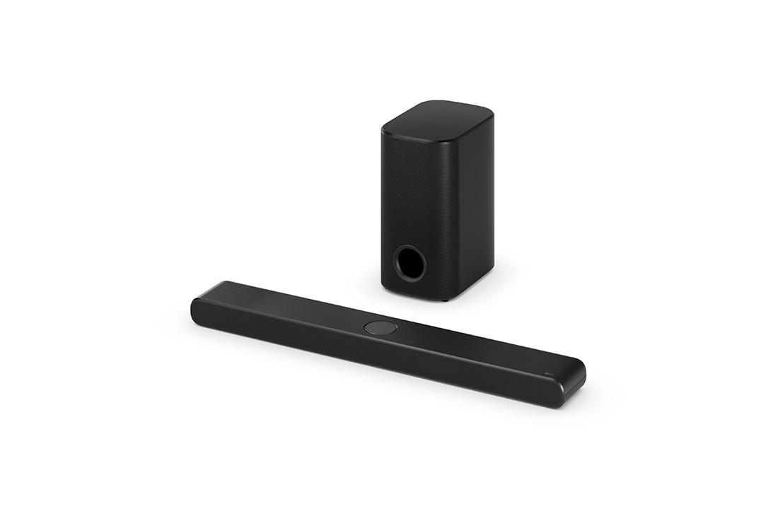 LG Soundbar TV:hen Dolby Atmos 3.1.3 kanavainen NS77TY, Ylhäältä vinosta kulmasta otettu kuva LG Soundbar S77TY:stä ja subwooferista, NS77TY, thumbnail 2