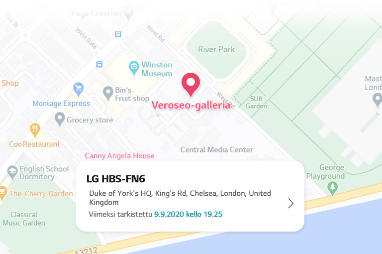 Karttakuva, joka osoittaa, missä korvanappi oli viimeksi yhteydessä.