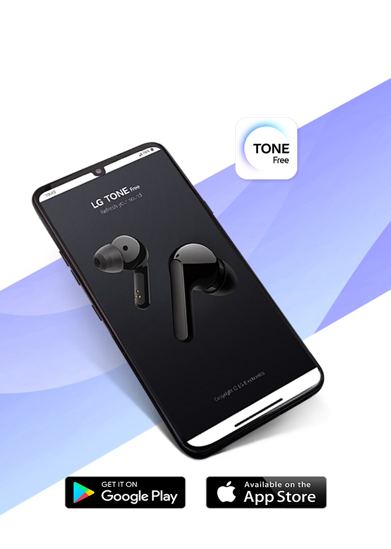 Älypuhelin, jossa näkyy Tone Free -sovellus paksun, violetin raidan päällä 45 asteen kulmassa. Sovelluksen logo on banneriotsikon yläpuolella.