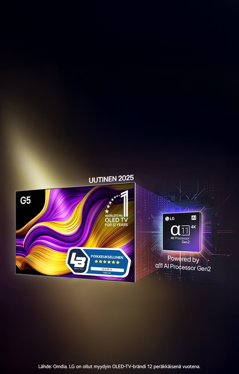 Kuva G5 OLED evo -televisiosta, jossa suuri prosessorisirun kuva ja teksti – toimii a11 AI -suoritin Gen2:lla Televisioon on merkitty teksti "Maailman ykkönen OLED-televisioissa jo 12 vuoden ajan"Television yläpuolella on suuri otsikko: Uusi 2025. Otsikossa lukee: Paras muuttui juuri paremmaksi