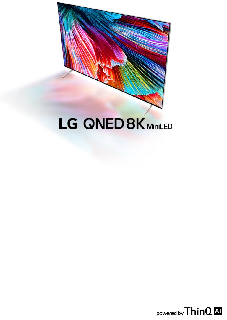 Kuva LG QNED 8K MiniLED -televisiosta harmaata taustaa vasten, ja näytön värit heijastuvat sen edessä olevalle maaperälle.