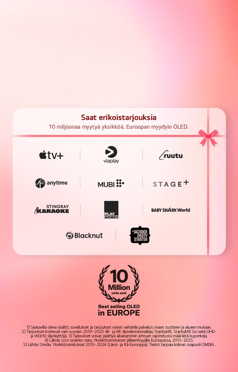LG TV, jossa näkyy webOS-aloitusnäyttö, kulmassa taustaa vasten. Aloitusnäytöllä näkyy selauskategorioita ja pysäytyskuvia TV-sarjoista. LG Magic Remote -kaukosäädin osoittaa televisiota.