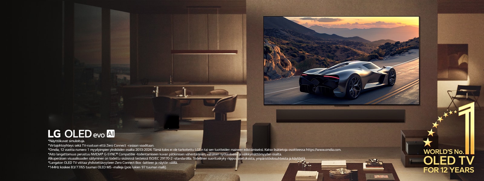 Klassinen olohuone, jonka seinälle on asennettu LG OLED evo M5 TV. Sen alla on LG Soundbar. Zero Connect Box sivupöydän alla. Kaapeleita ei ole näkyvillä lainkaan, mikä kuvaa TV:n aidosti langatonta teknologiaa. World's number one OLED TV for 12 Years (Maailman numero yksi OLED TV 12 vuoden ajan) -tunnus ja LG OLED evo AI -logo ovat näkyvillä. 