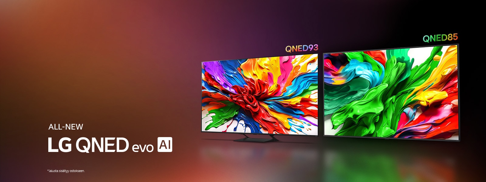 LG TV:itä, joilla on värikästä taidetta, joka korostaa LG QNEDin uutta eloisaa ja kirkasta värintoistoteknologiaa. TÄYSIN UUSI LG QNED evo AI -logo on myös näkyvillä.