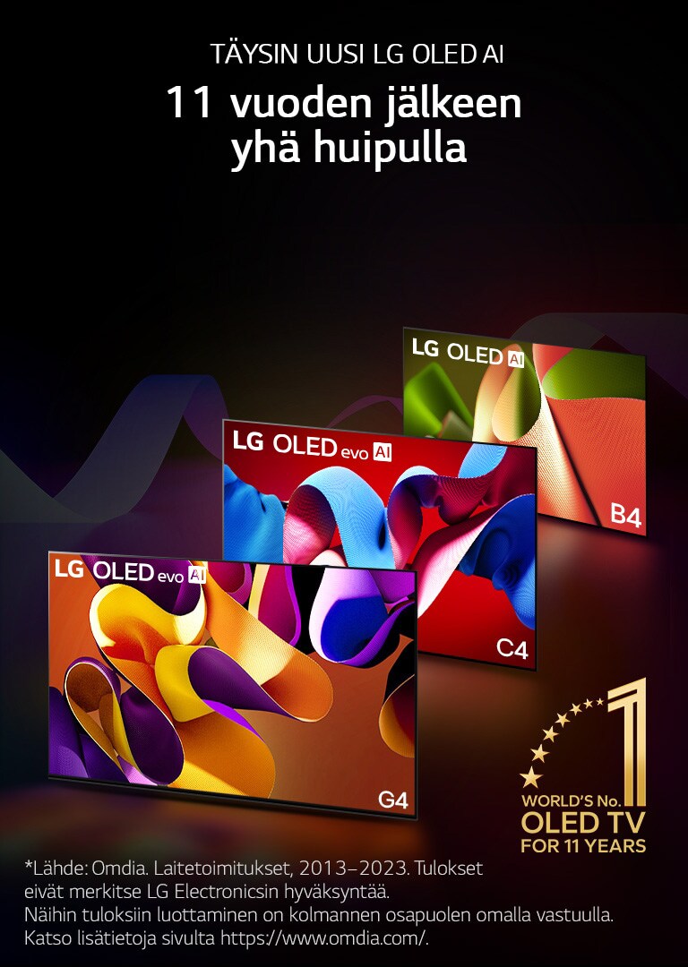 LG OLED evo TV C4, evo G4 ja B4 seisovat rivissä mustaa taustaa vasten, jossa on hienovaraisia väripyörteitä. Kuvassa on "World's number 1 OLED TV for 11 Years" (Maailman numero 1 OLED-televisio 11 vuoden ajan) -tunnus.  Vastuuvapauslausekkeessa lukee: ”Lähde: Omdia. Laitetoimitukset, 2013–2023. Tulokset eivät merkitse LG Electronicsin hyväksyntää. Näihin tuloksiin luottaminen on kolmannen osapuolen omalla vastuulla. Katso lisätietoja sivulta https://www.omdia.com/.”