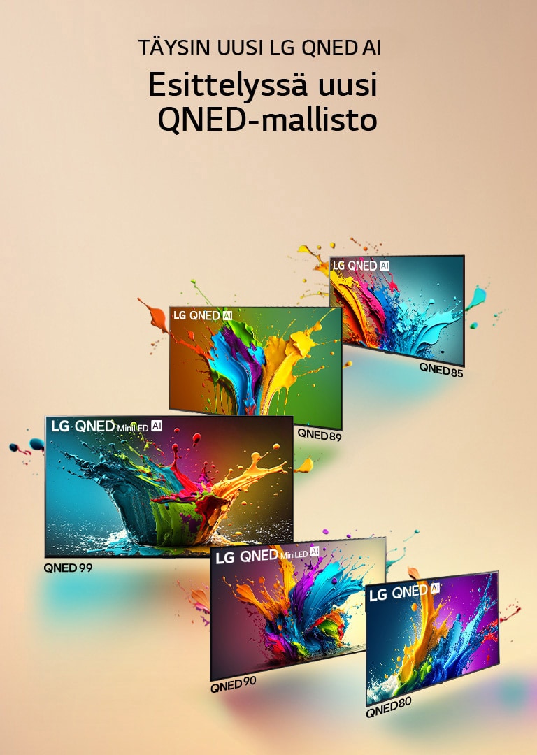 LG QNED 80, QNED 90, QNED 99, QNED 89 ja QNED 85 -televisiot vierekkäin vinossa rivissä siten, että QNED 99 -televisio on kohdistettu eteenpäin ja muut televisiot ovat 45 asteen kulmassa. Värikkäitä pisaroita ja maaliaaltoja räjähtää ulos kustakin tv-ruudusta säteillen valoa, joka luo alapuolelle värikkäitä varjoja.