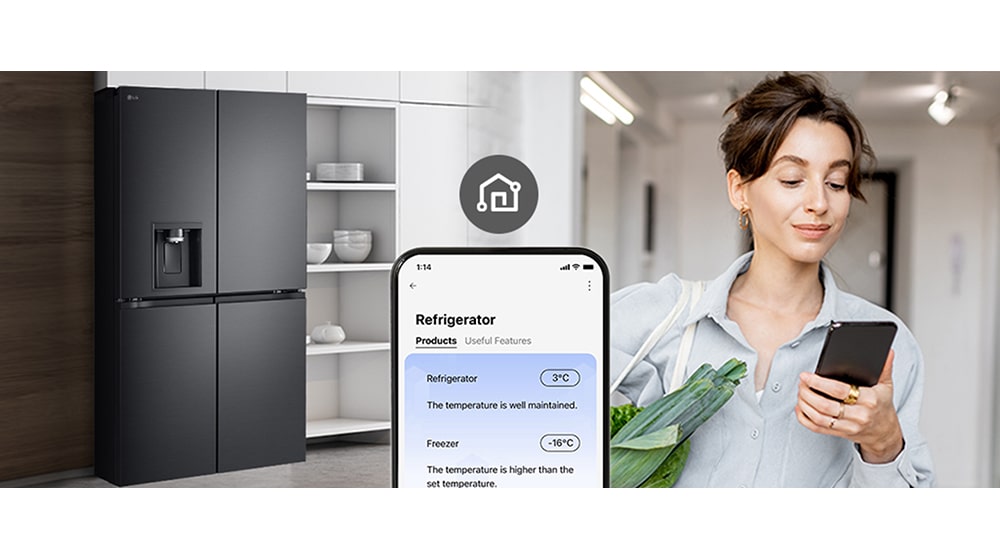 Oikeanpuolisessa kuvassa on nainen kantamassa ostoskoria ja katsomassa puhelintaan. Vasemmassa kuvassa näkyy jääkaappi edestäpäin. Keskellä on kuva, joka ilmaisee yhteyttä puhelimen ja jääkaapin välillä.
