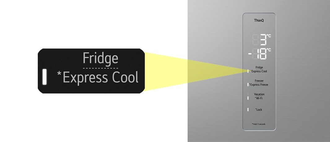 Lähikuva jääkaapin yläosassa olevasta Express Cool -painikkeesta.