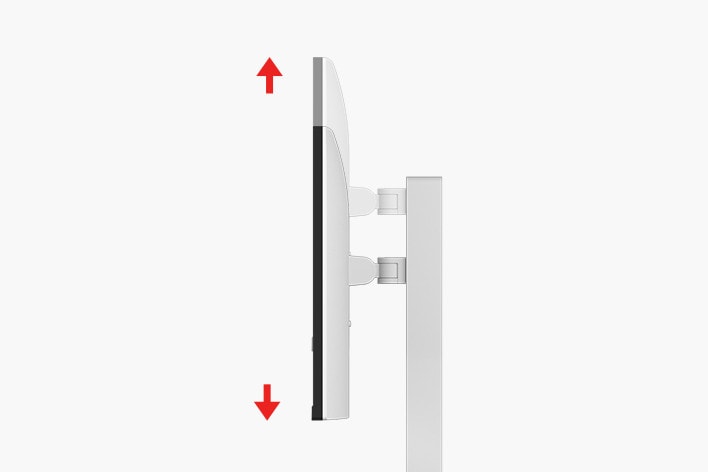 Kuva näyttää näytön korkeudensäätötoimintoa esitelleen, miten näyttöä voidaan laskea tai nostaa ergonomisen mukavuuden takaamiseksi.