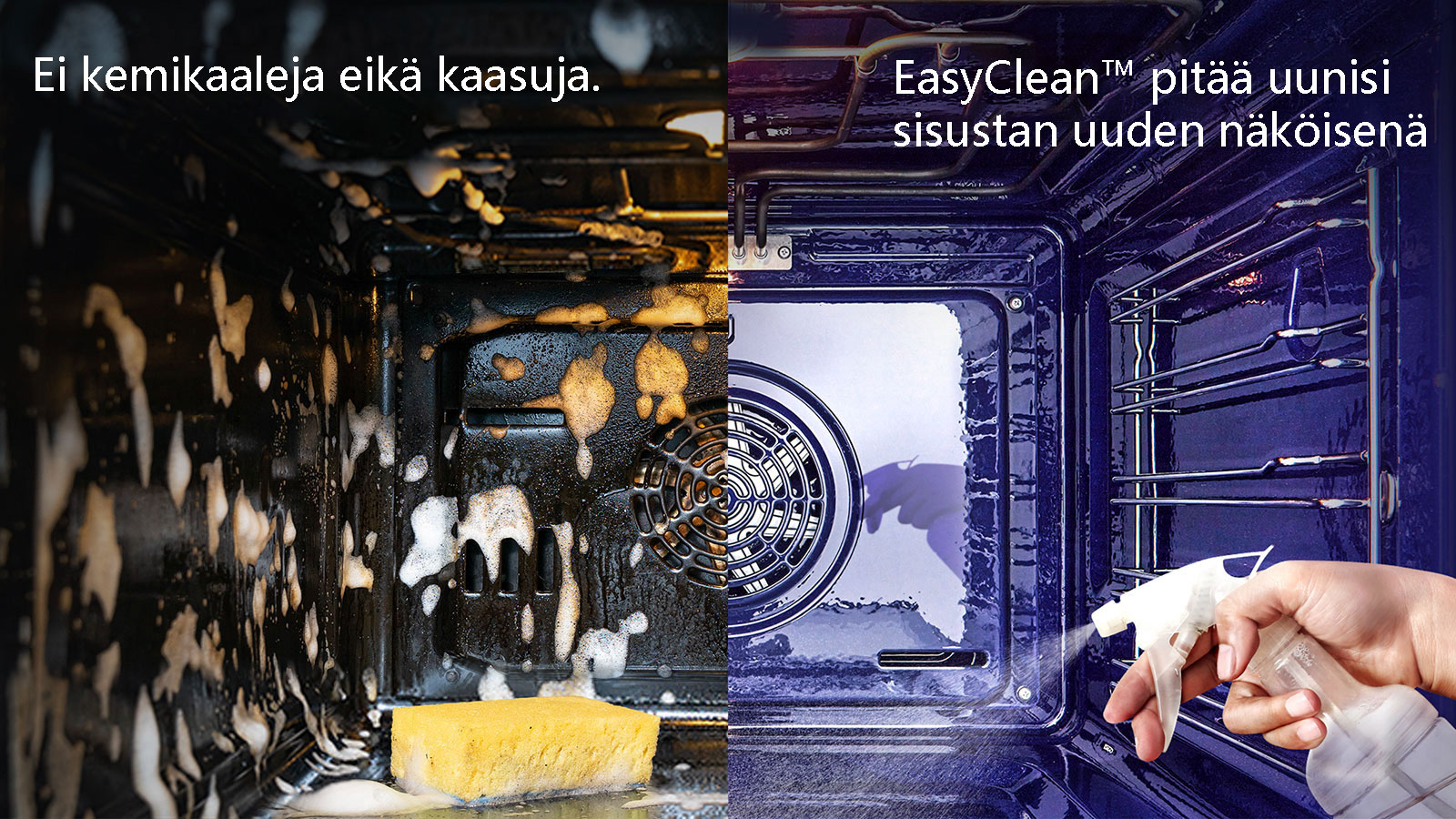 Jaetussa kuvassa vasemmalla näkyy vaahtoisen uunin sisäpuoli ja oikealla näkyy höyryä tulossa ulos uunin sisältä.