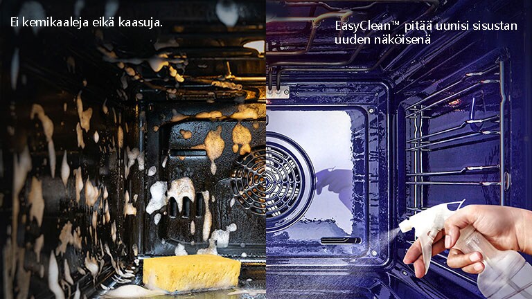 Jaetussa kuvassa vasemmalla näkyy vaahtoisen uunin sisäpuoli ja oikealla näkyy höyryä tulossa ulos uunin sisältä.