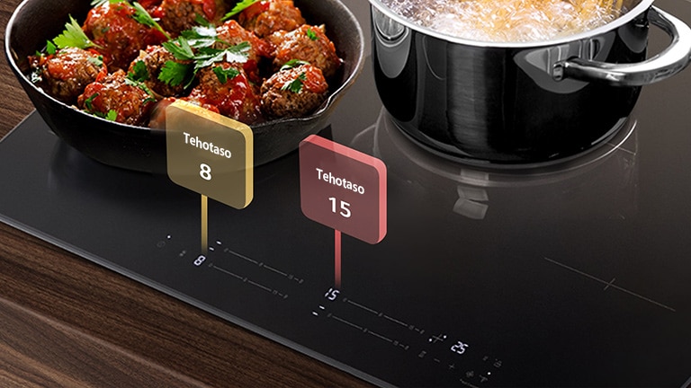 Jokainen Induktiokeittotasot levy on asetettu eri tehotasolle.