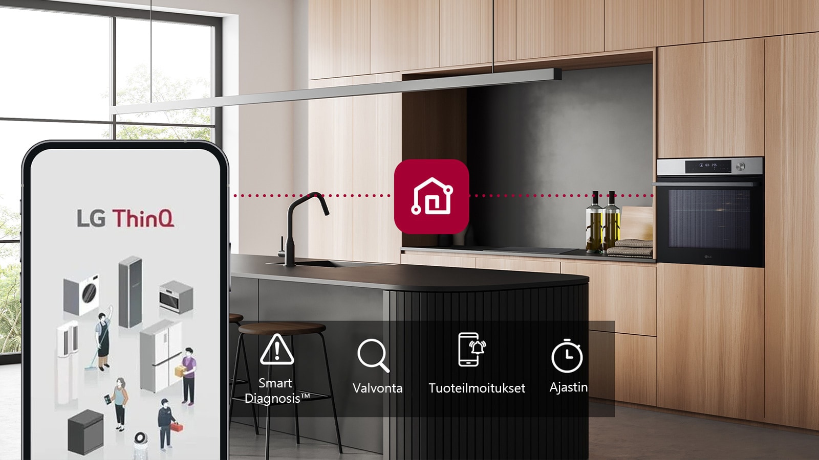 Kuva uunista ja älypuhelimesta, jotka on yhdistetty ThinQ:n välityksellä. Näkyvillä on kuvake, joka ilmaisee ThinQ:n toiminnot, älydiagnostiikka, valvonta, tuoteilmoitukset, ajastin.