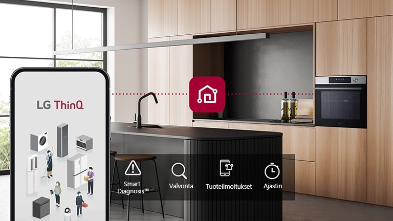 Kuva uunista ja älypuhelimesta, jotka on yhdistetty ThinQ:n välityksellä. Näkyvillä on kuvake, joka ilmaisee ThinQ:n toiminnot, älydiagnostiikka, valvonta, tuoteilmoitukset, ajastin.