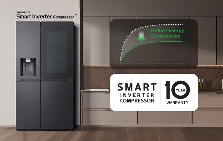 Jääkaappi on asennettu keittiön seinälle, ja kaavio näyttää, kuinka energiaa säästyy Smart Inverter Compressor™ -ominaisuuden avulla.