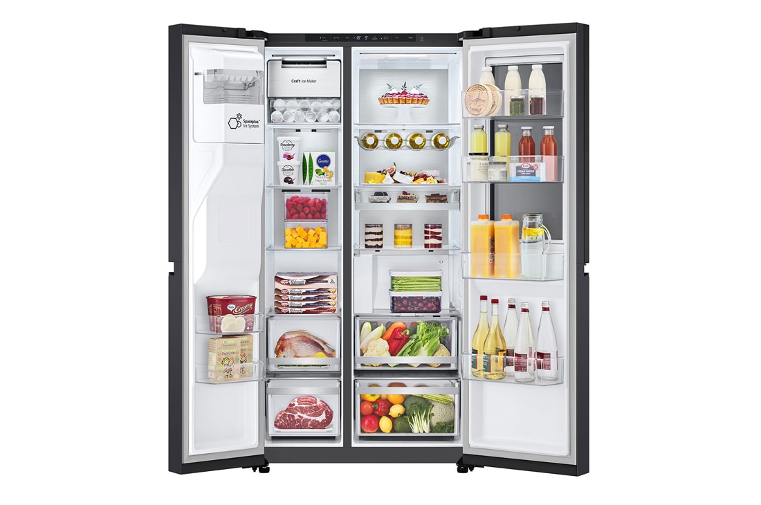 LG  628L InstaView Door in Door™ Side by Side (Essence Black), Energialuokka D, Craft Ice™, Vesi/jää vesijohtoliitännällä, Smart Diagnosis™ med Wi-Fi, Front helt åpen (full av mat), GSXE90EVDD, thumbnail 2