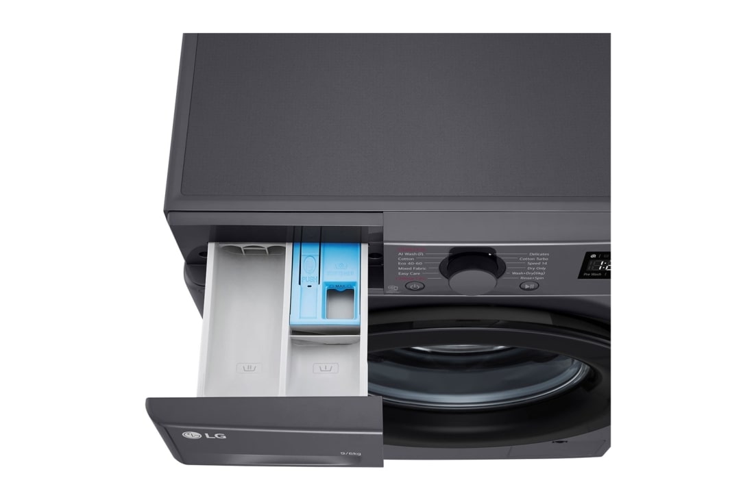 LG 9 kg / 6 kg Kuivaava pesukone(Musta) - Steam, Energialuokka A/D, AI DD™, Smart Diagnosis™, Detergent port top view, P4Y5VRP6J, thumbnail 6