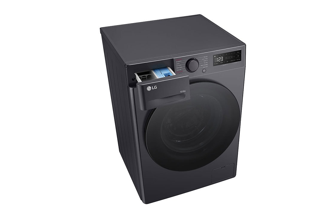 LG 10 kg / 6 kg Kuivaava pesukone(Middle Black) - Steam, Energialuokka A/D, AI DD™, Smart Diagnosis™, Top perspective view with detergent port open, F4Y5RRPYJ, thumbnail 9