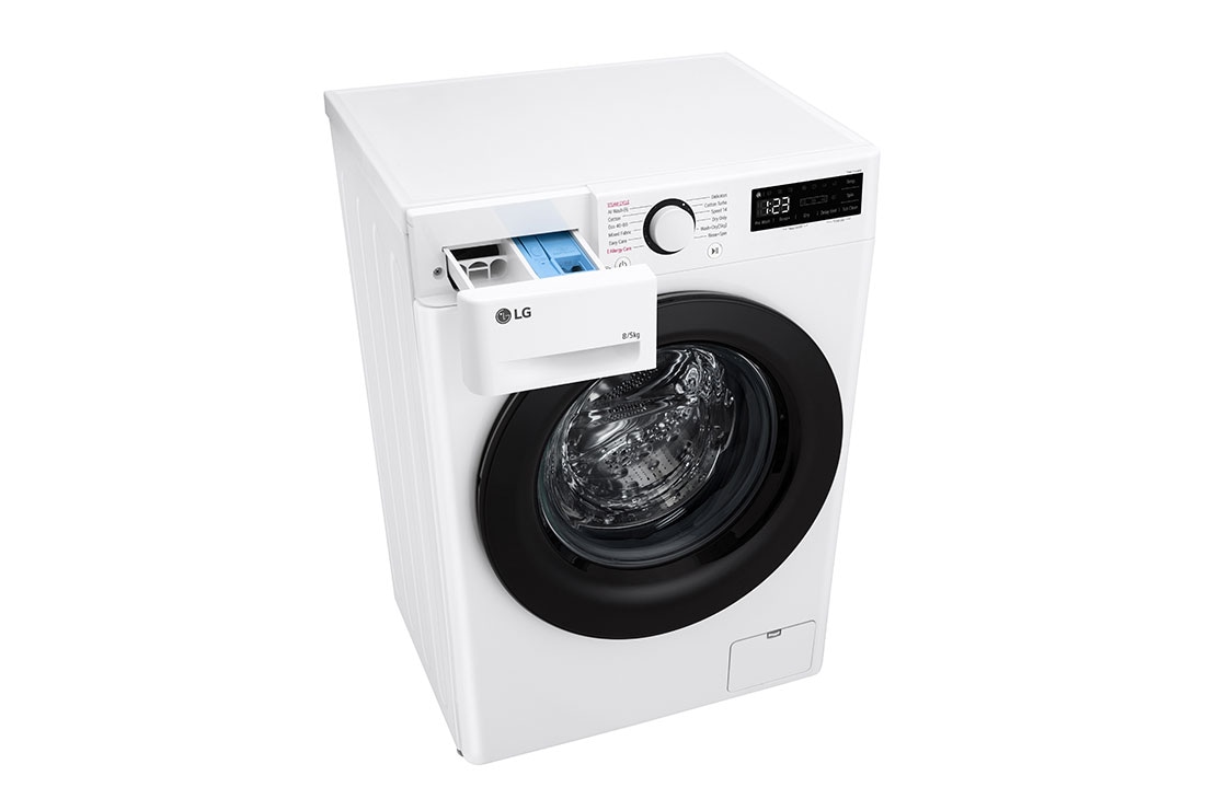 LG Slim 8 kg / 5 kg Kuivaava pesukone(Valkonen) - Steam, Energialuokka A/E, AI DD™, Smart Diagnosis™, Top perspective view with detergent port open, F2Y5PRP6W, thumbnail 9