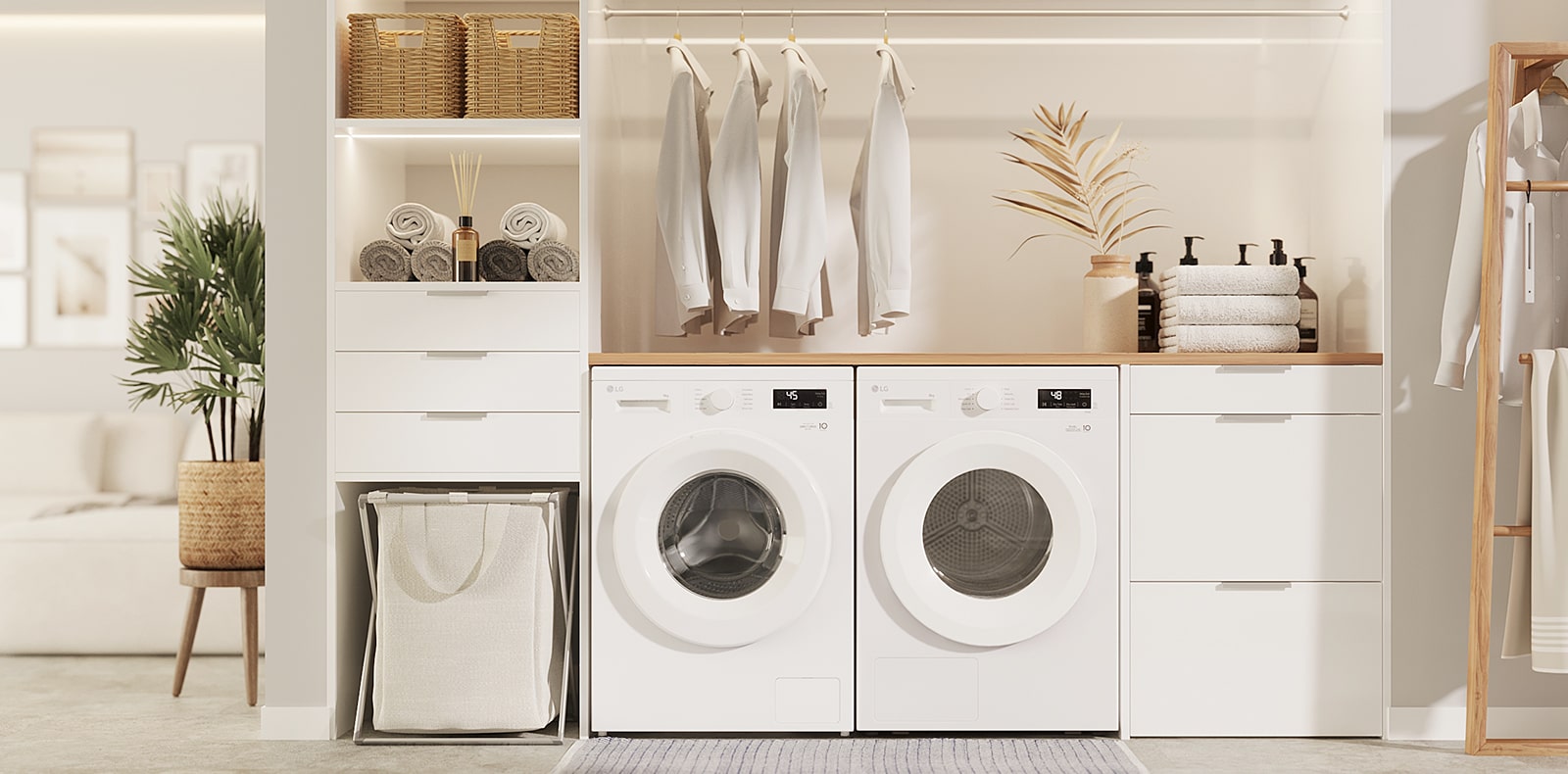 Sisäkuva pesukoneesta ja kuivausrummusta rinnakkain