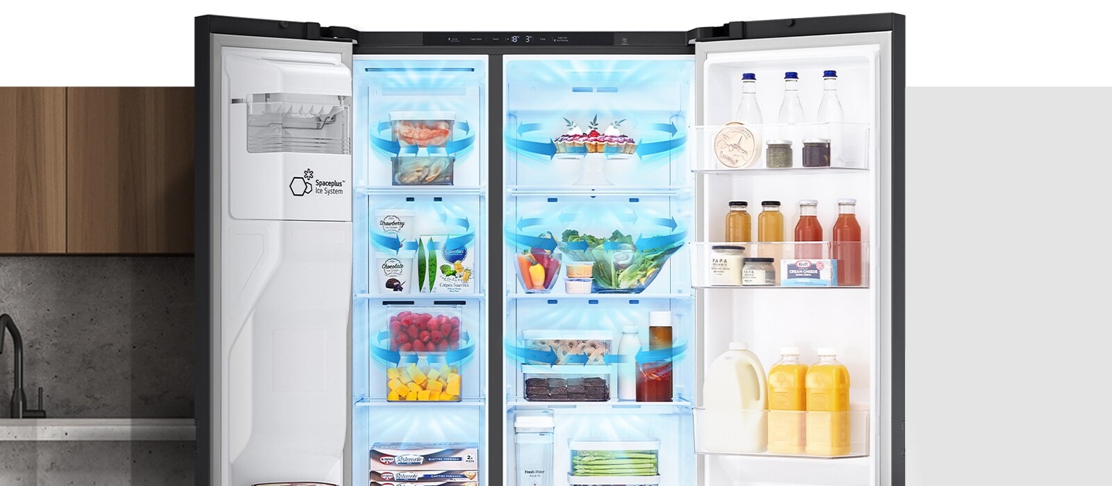 *Perustuu UL-testituloksiin käytettäessä LG:n sisäistä testausmenetelmää, jossa mitataan, kuinka kauan pinaattikiinankaalin 5 %:n painon alenemiseen kului LGE LinearCooling™ -mallin tuoretuotelokeron hyllyllä. *Kuva esitetään vain havainnollistamistarkoituksessa, ja se voi poiketa todellisesta tuotteesta.