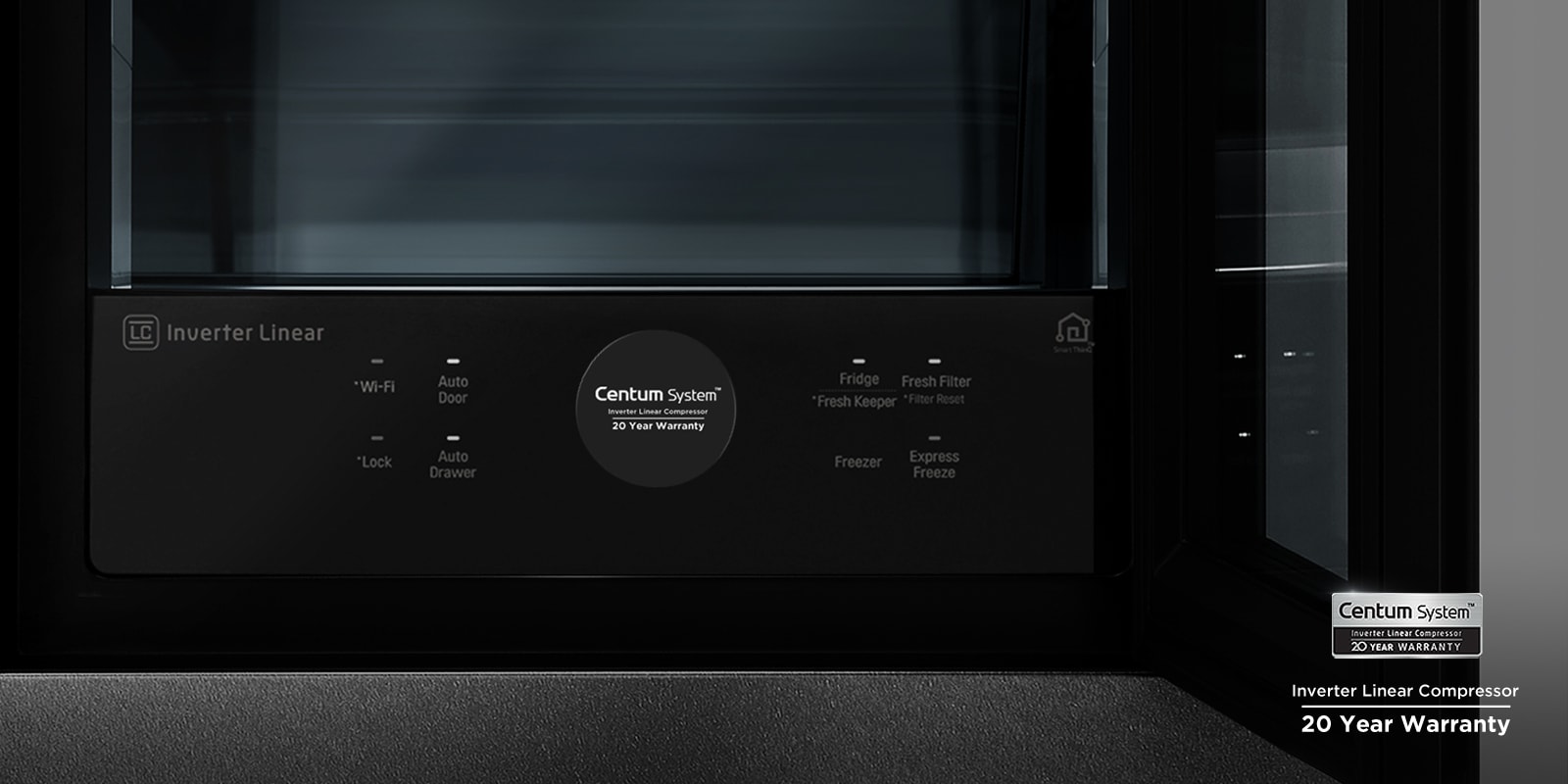 Lähikuva LG SIGNATURE -jääkaapin centum system -paneelista.