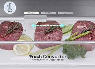 Lähikuva lihatuotteilla täytetystä Fresh Converter -laatikosta, jossa on lämpötilan valitsin&nbsp;liha-, kala- ja vihannestuotteille. Laatikon lämpötilan taso on asetettu lihatuotteille sopivaksi.