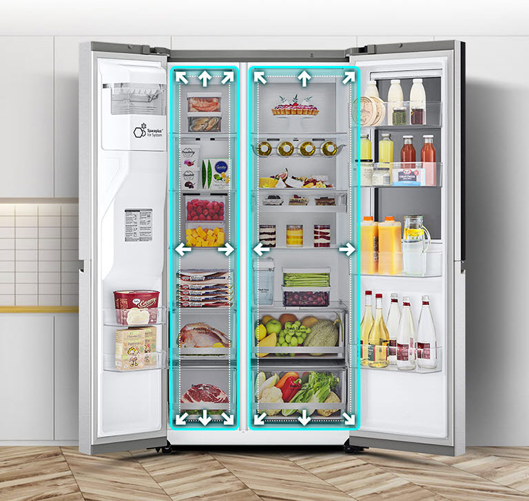 A video begins with the front view of the refrigerator with both doors wide open. The interior spaces are outlined in a neon lines and arrows begin to push the lines out to show that there is now more space inside. The neon square around the interior spaces flashes to show the difference between the new space and the old smaller space which is now outlined in a dotted white line.