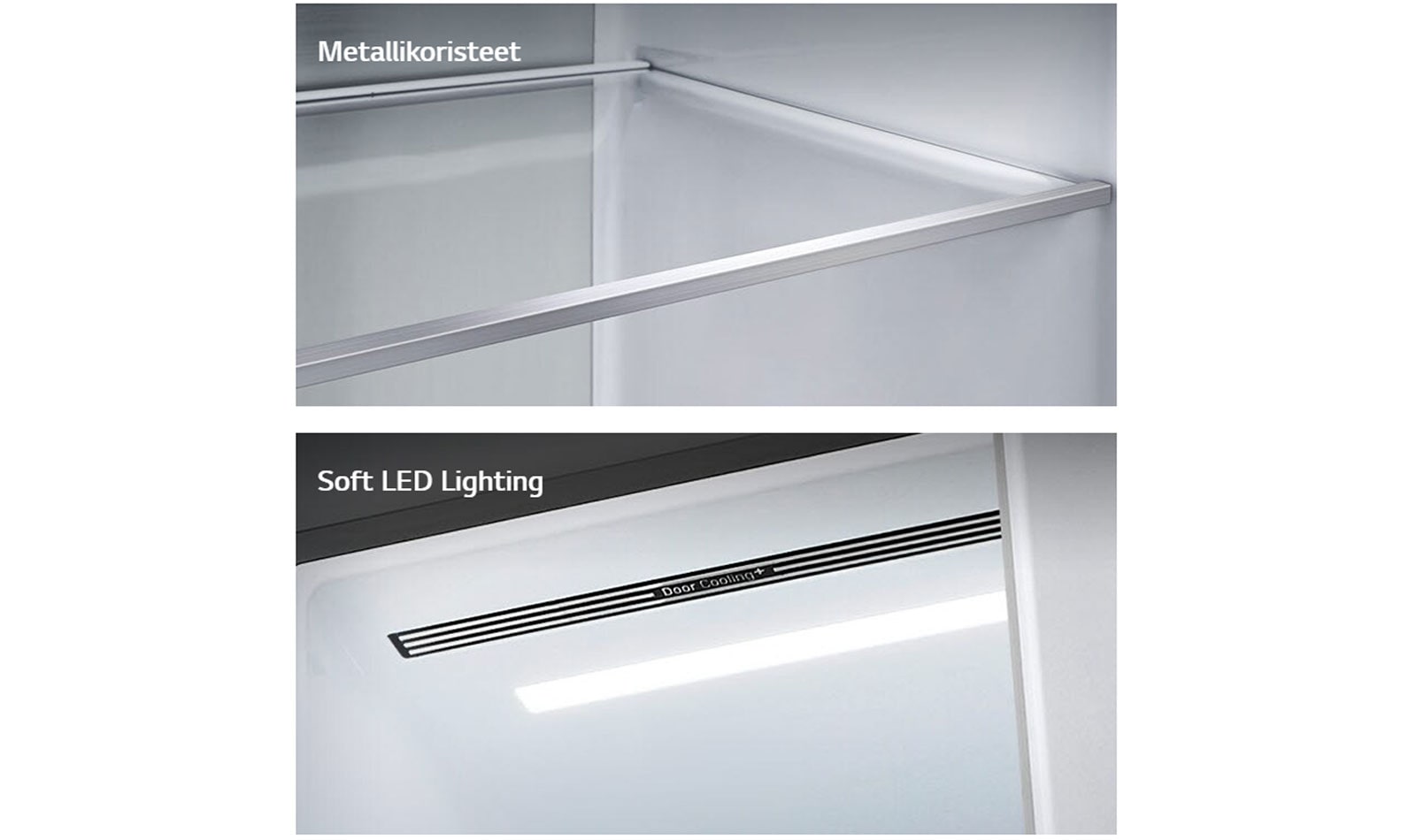 A diagonal view of the shelf with metallic paneling on the interior of the refrigerator.