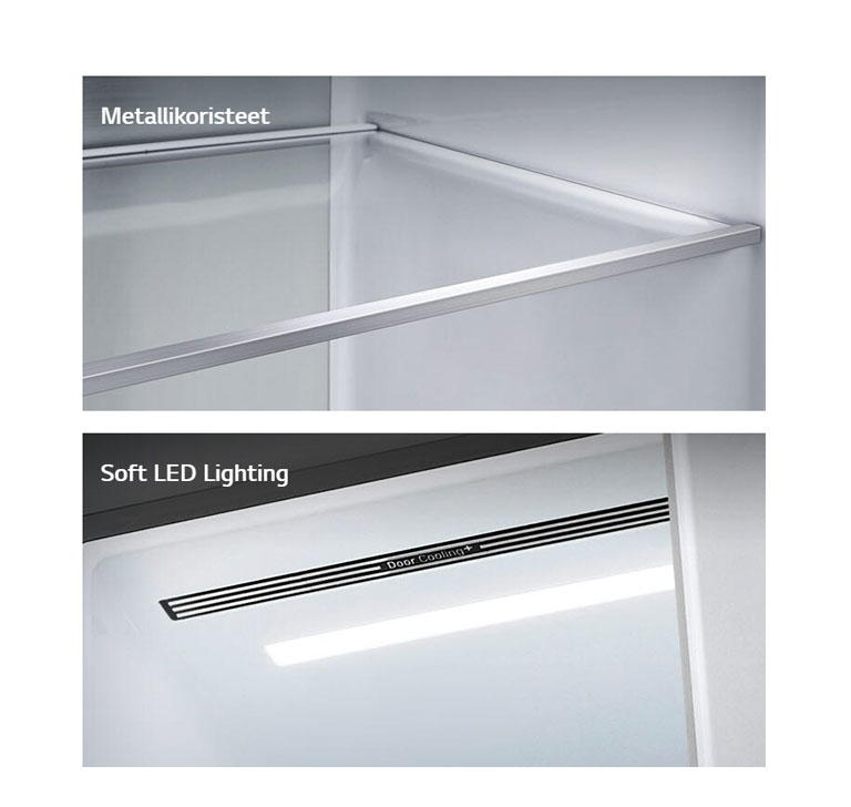 A diagonal view of the shelf with metallic paneling on the interior of the refrigerator.