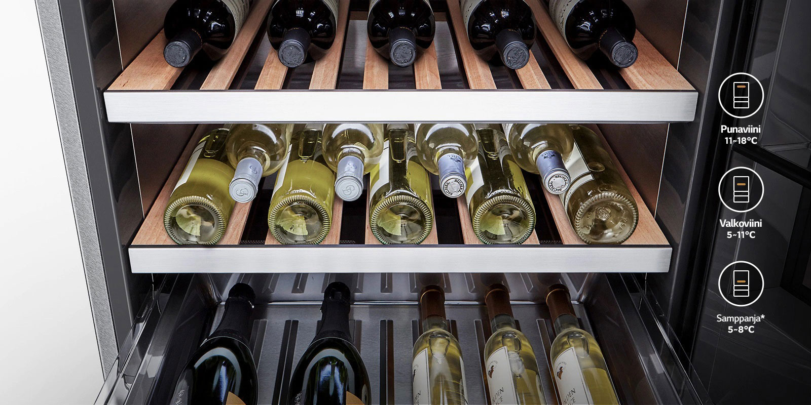 Erilaiset viinit sijoitetaan eri lämpötilatasoille.