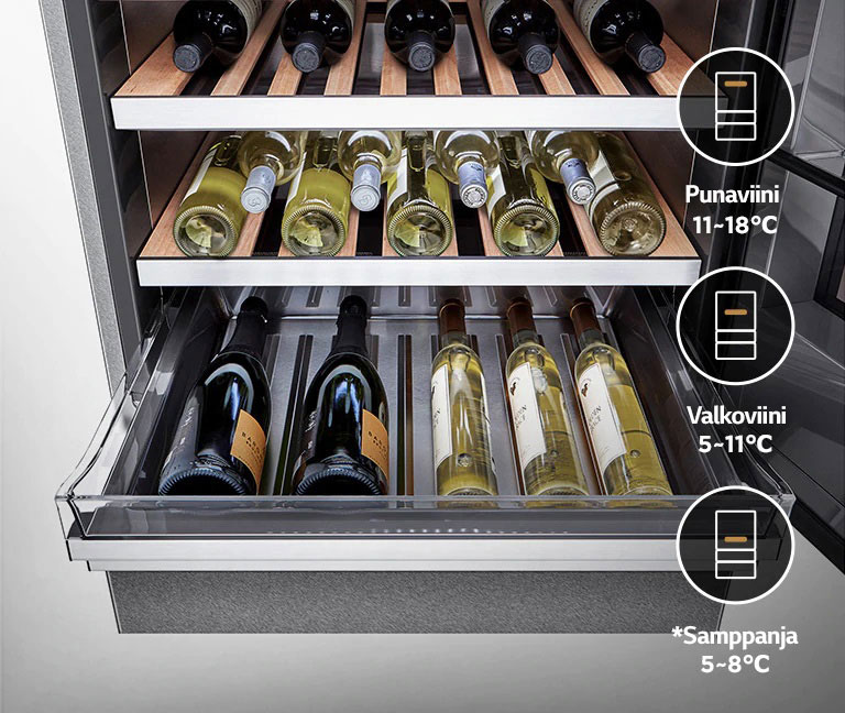 Erilaiset viinit sijoitetaan eri lämpötilatasoille.