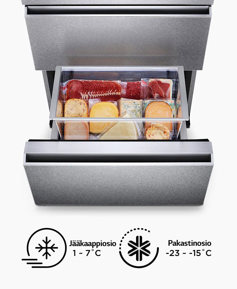 LG SIGNATURE -viinikylmiön laatikkoon voidaan varastoida lihaa, juustoa ym.