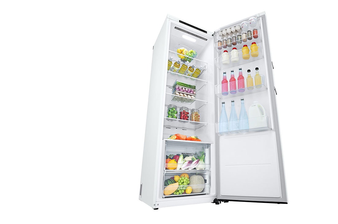 LG 386L Vapaasti seisova jääkaappi (Valkoinen) - Energialuokka E, Door Cooling™, LINEARCooling™, Moist Balance Crisper™, Perspektiivinäkymä vasemmalta avoinna ruokaa, GLT51SWGSZ, thumbnail 9