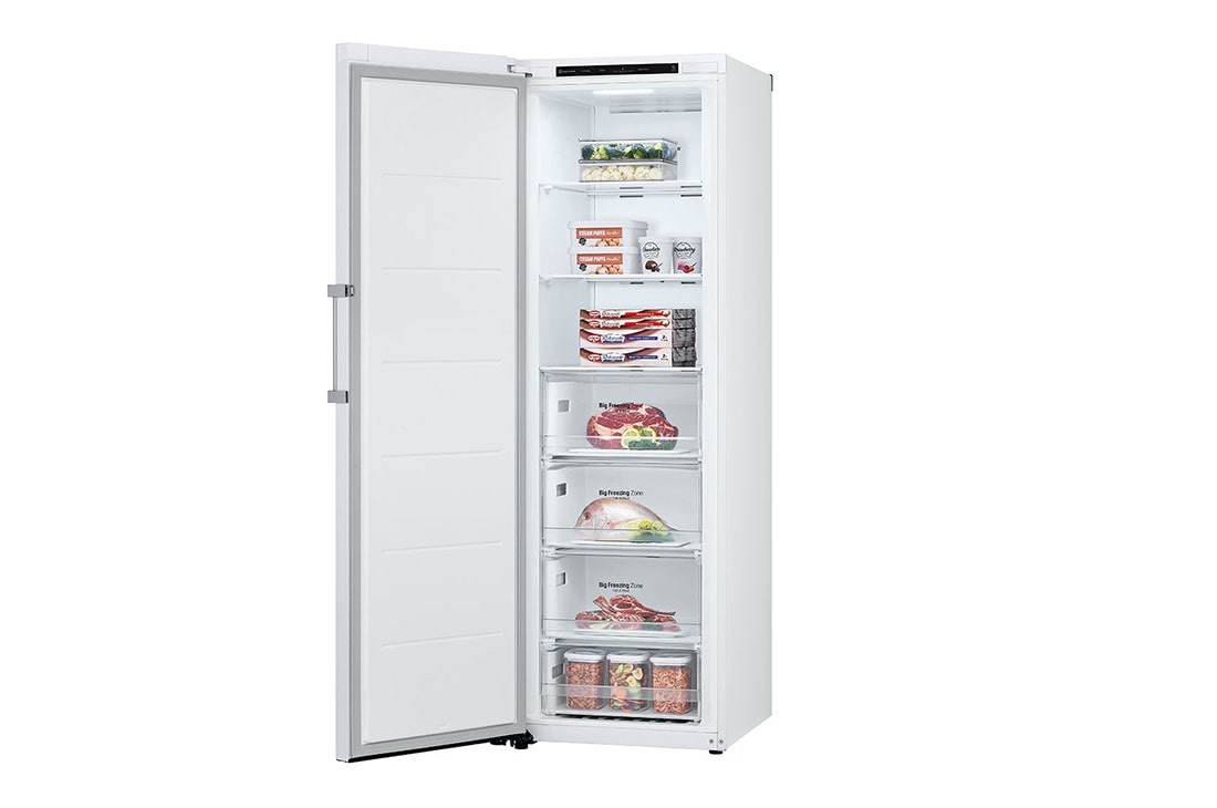 LG 324L Vapaasti seisova pakastin (Valkoinen) - Energialuokka E, Total No Frost, Express Freeze, Oikea sivunäkymä avoinna ruokaa, GFT41SWGSZ, thumbnail 12