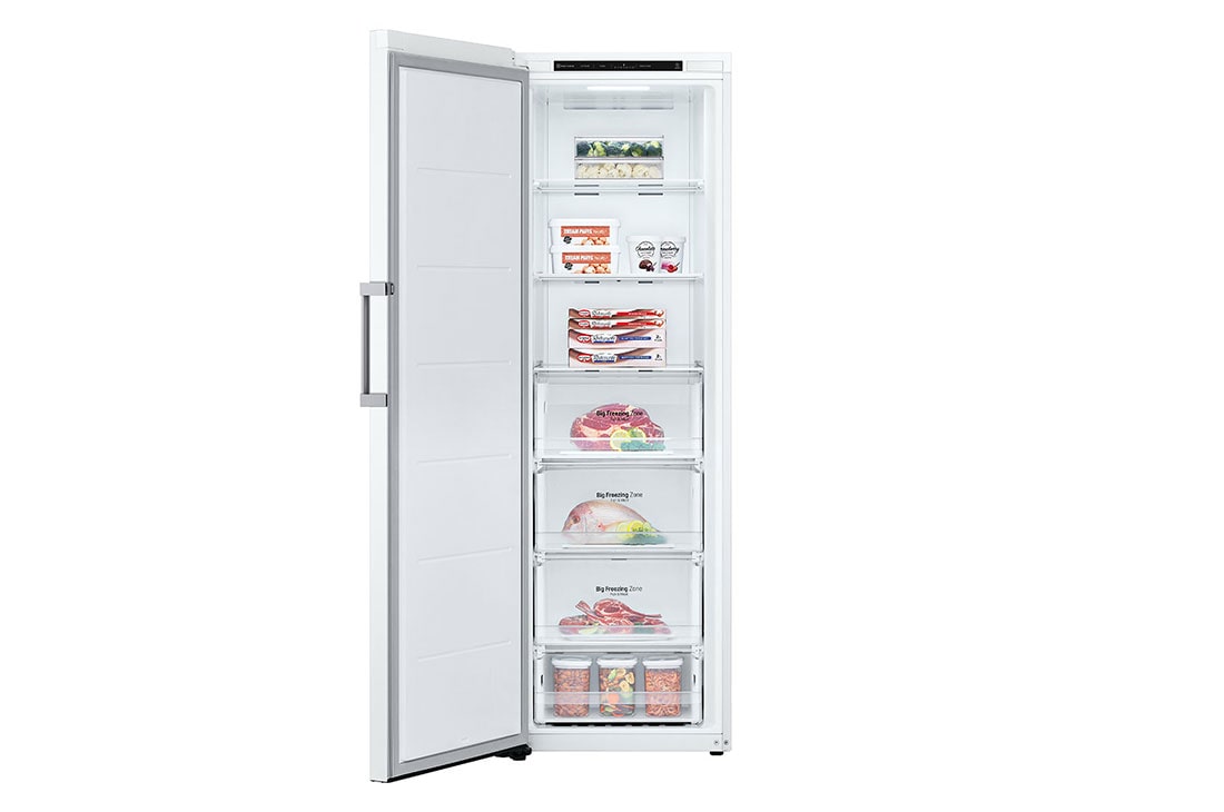 LG 324L Vapaasti seisova pakastin (Valkoinen) - Energialuokka E, Total No Frost, Express Freeze, Etupuoli avoinna ruokaa, GFT41SWGSZ, thumbnail 3
