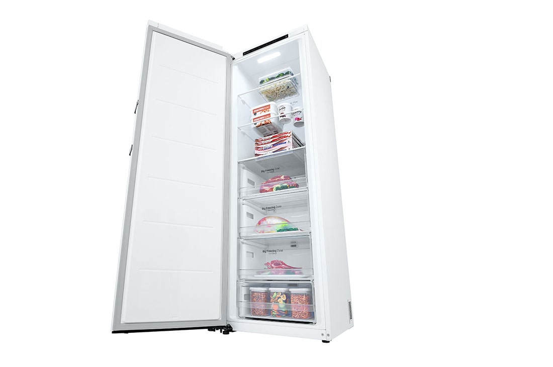LG 324L Vapaasti seisova pakastin (Valkoinen) - Energialuokka E, Total No Frost, Express Freeze, Perspektiivinäkymä oikealta avoinna ruokaa, GFT41SWGSZ, thumbnail 9