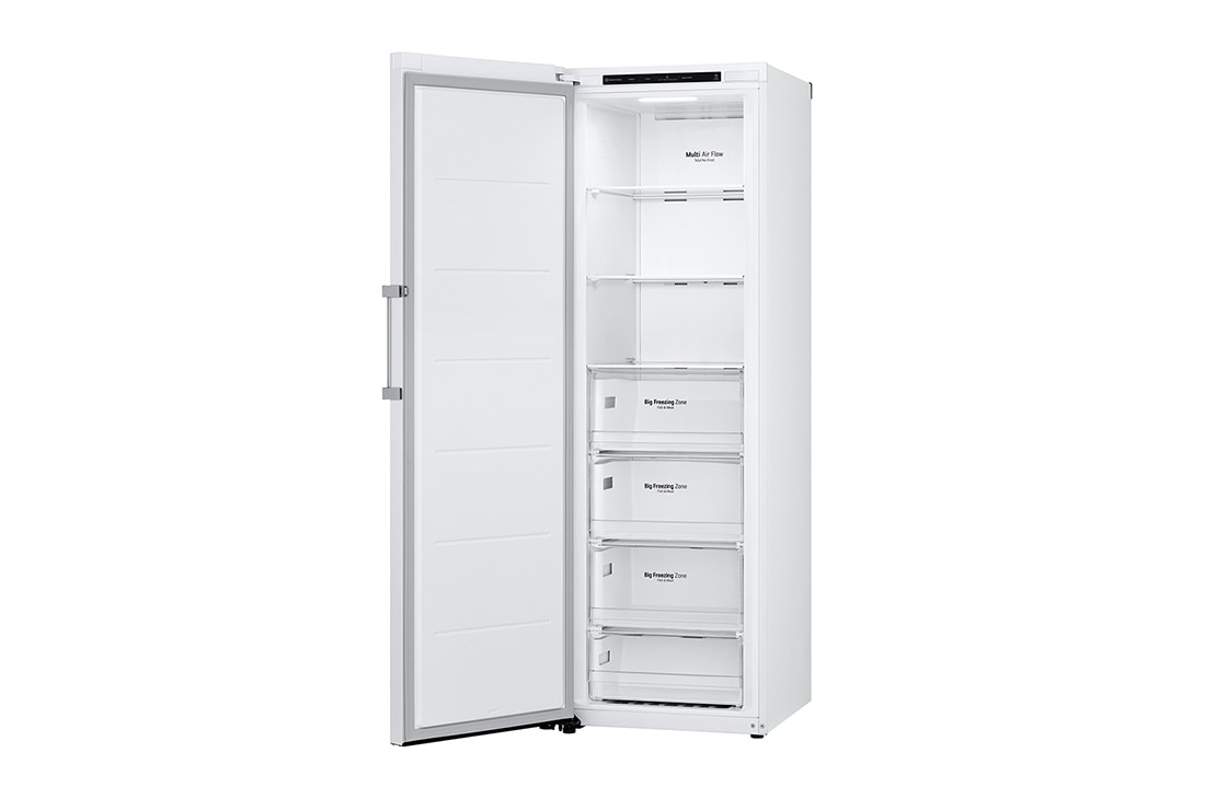 LG 324L Vapaasti seisova pakastin (Valkoinen) - Energialuokka E, Total No Frost, Express Freeze, Oikea sivunäkymä avoinna ruokaa, GFT41SWGSZ, thumbnail 12